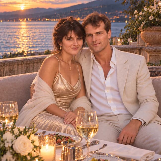 The couple reimagined in evening clothes on a seaside terrace