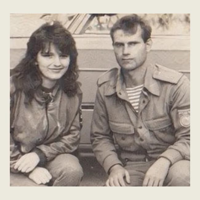 Original black-and-white photograph of the couple in casual clothing