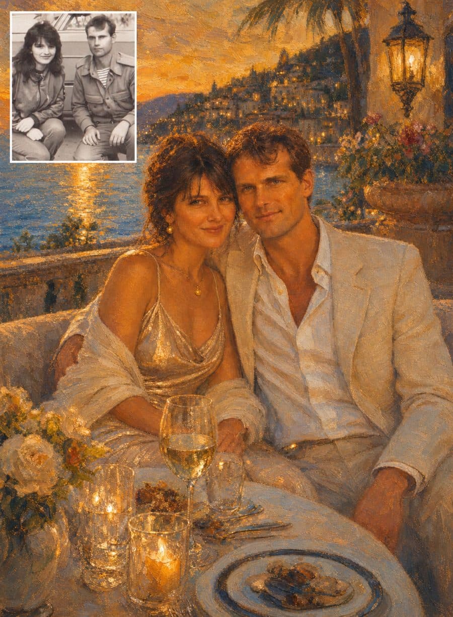 A vintage couple photograph inset into their personalized Mediterranean portrait