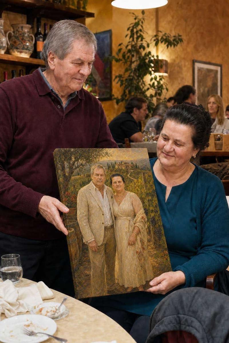 Customer with their delivered Tuscan Vineyard Harvest portrait