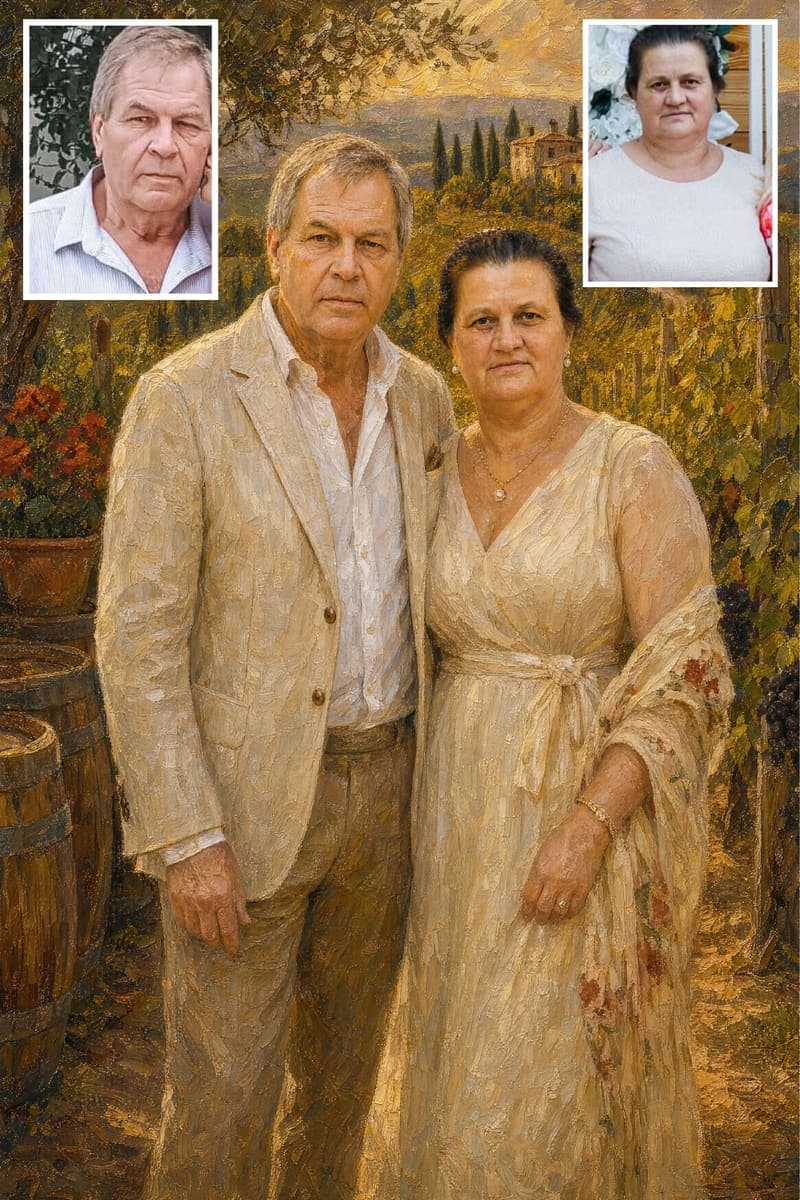 Before and after: a real customer's photo next to their Tuscan Vineyard Harvest portrait