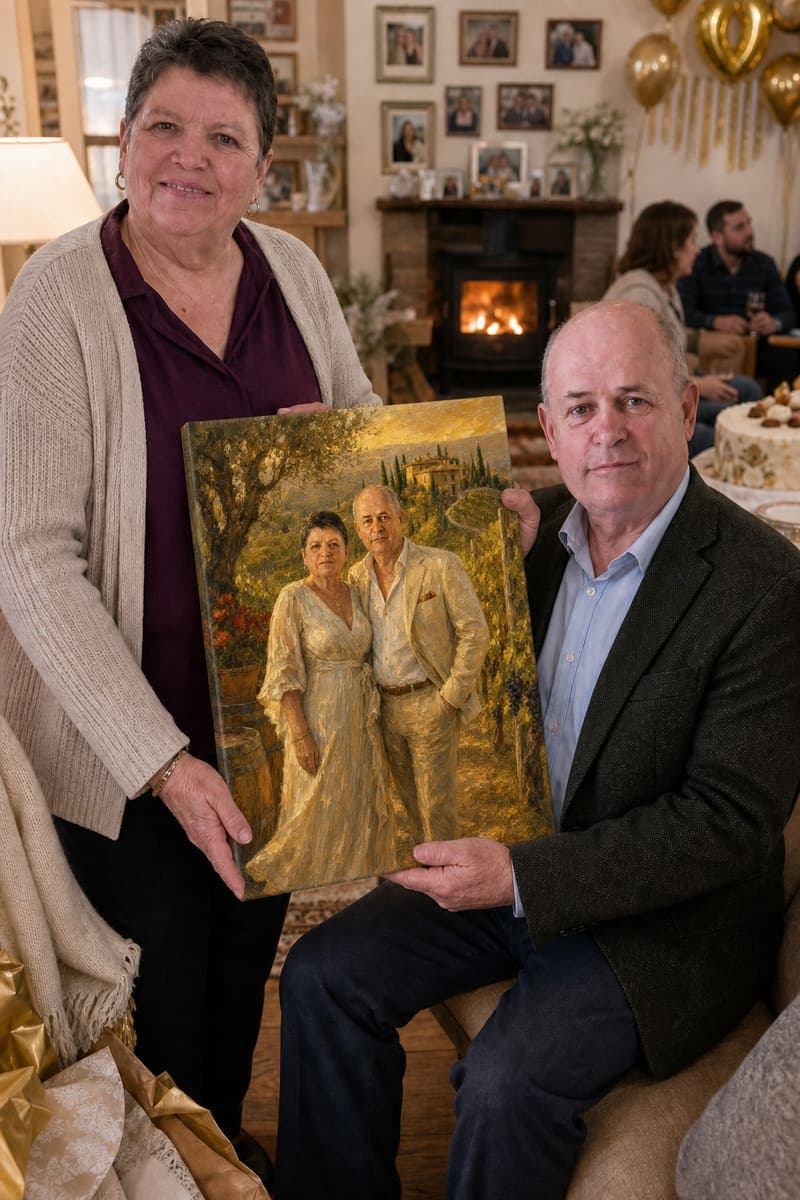 Customer with their delivered Tuscan Vineyard Harvest portrait