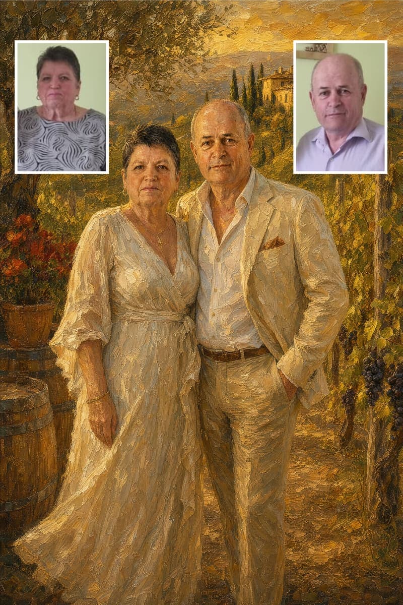 Before and after: a real customer's photo next to their Tuscan Vineyard Harvest portrait