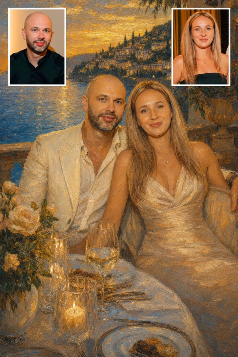 Before and after: a real customer's photo next to their Mediterranean Dinner Terrace portrait