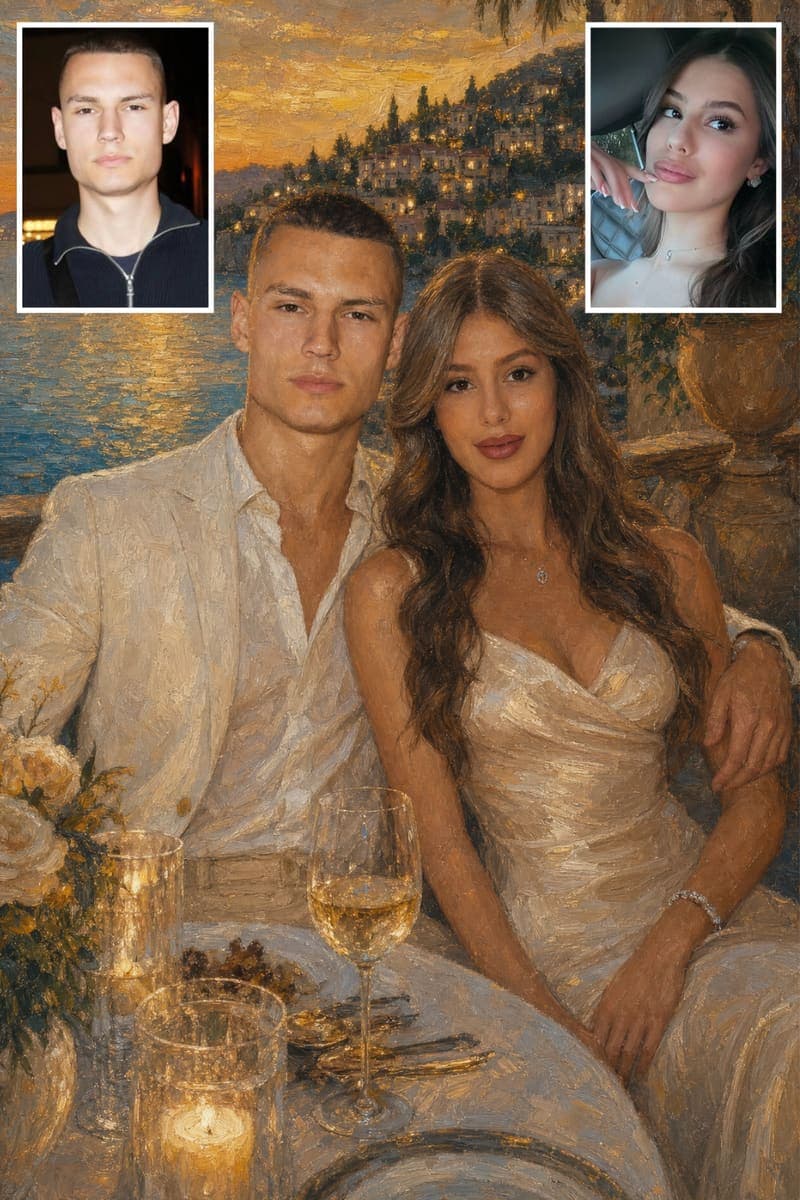 Before and after: a real customer's photo next to their Mediterranean Dinner Terrace portrait