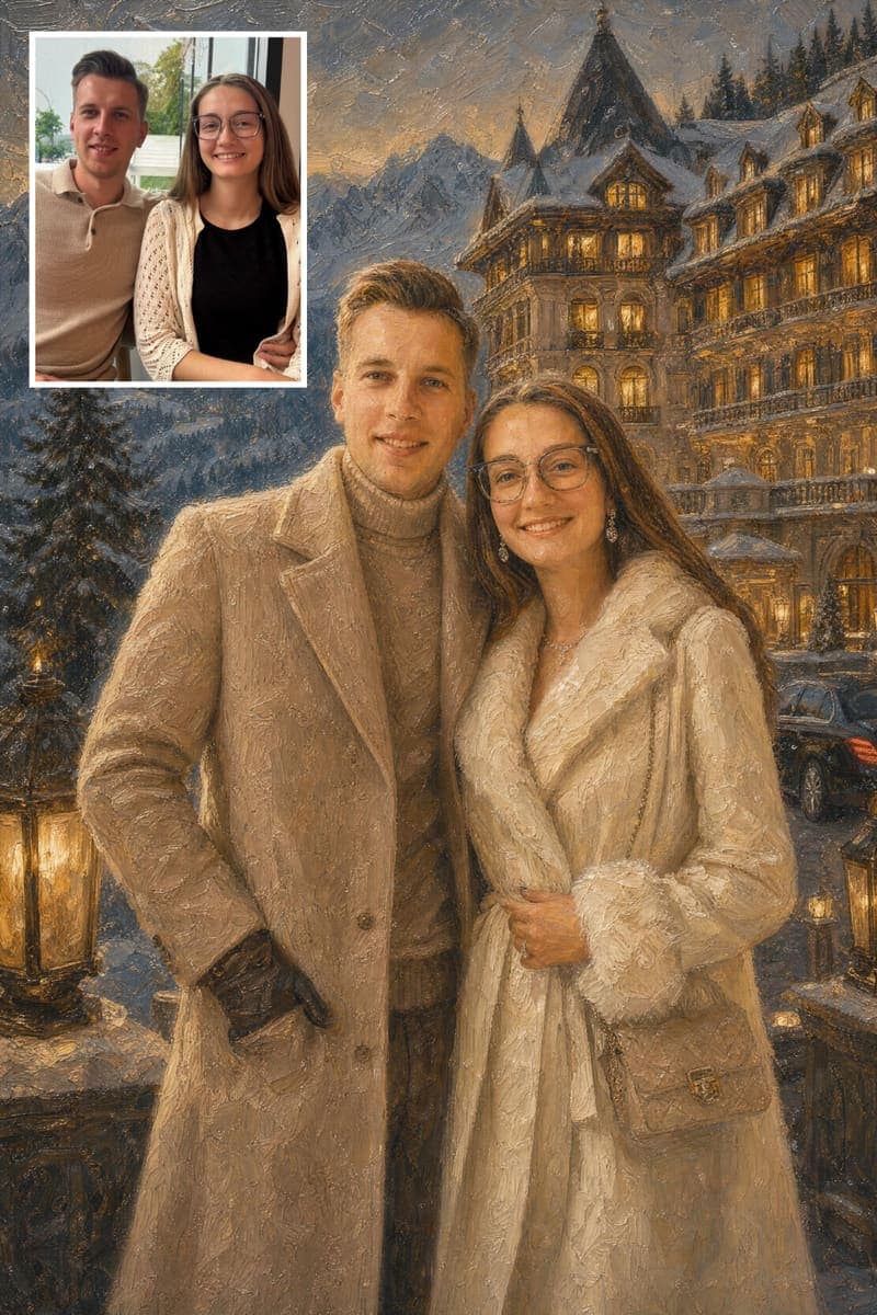 Before and after: a real customer's photo next to their Swiss Alpine Resort portrait