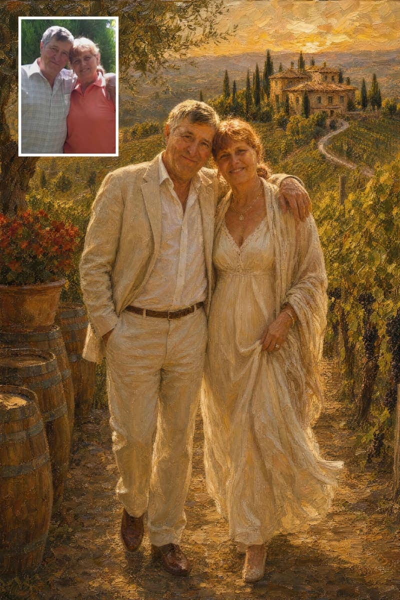 Before and after: a real customer's photo next to their Tuscan Vineyard Harvest portrait
