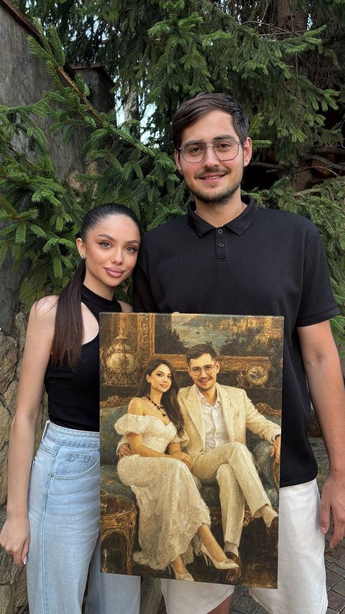 Customer with their delivered Golden Sofa portrait