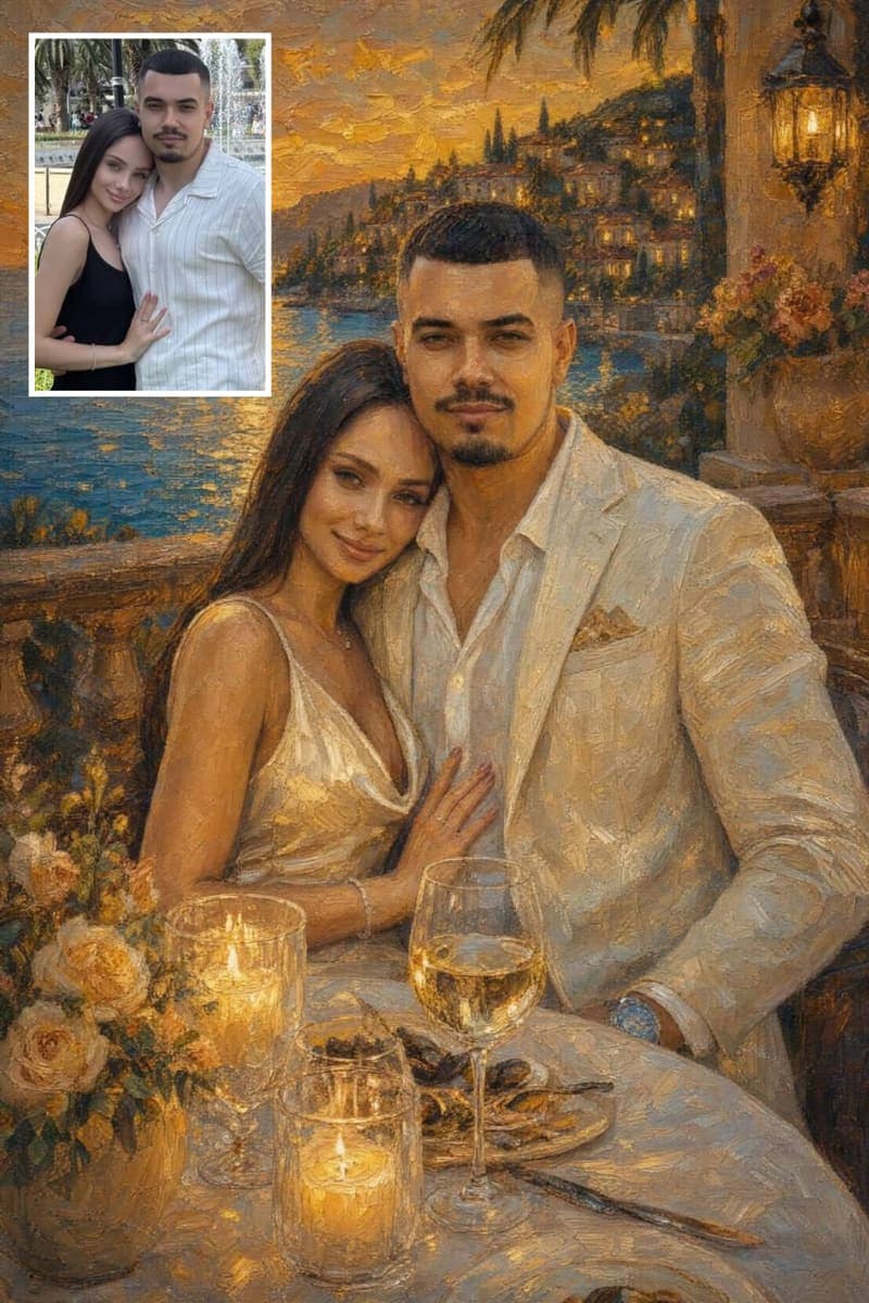 Before and after: a real customer's photo next to their Mediterranean Dinner Terrace portrait