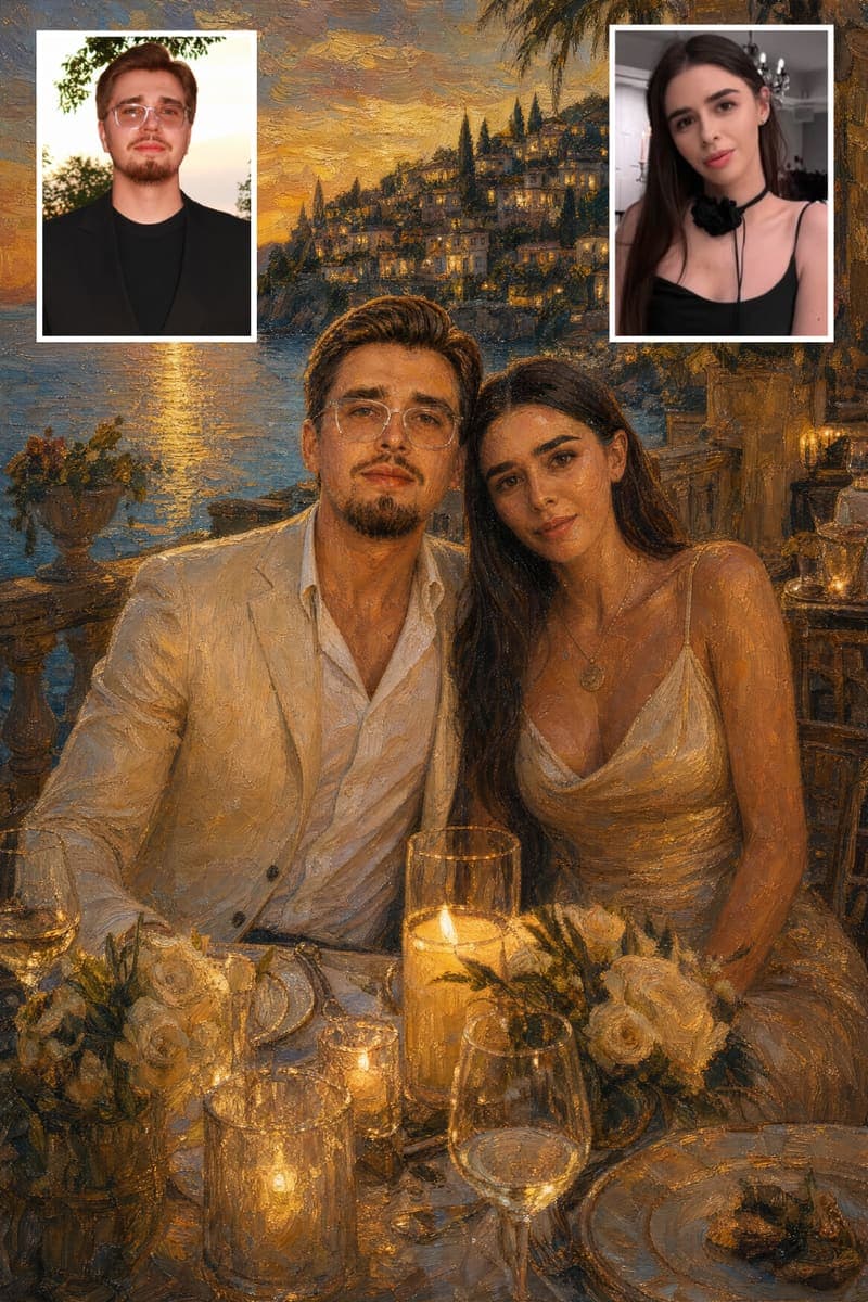 Before and after: a real customer's photo next to their Mediterranean Dinner Terrace portrait