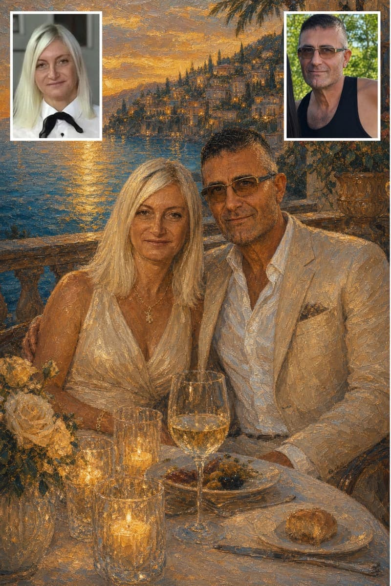 Before and after: a real customer's photo next to their Mediterranean Dinner Terrace portrait