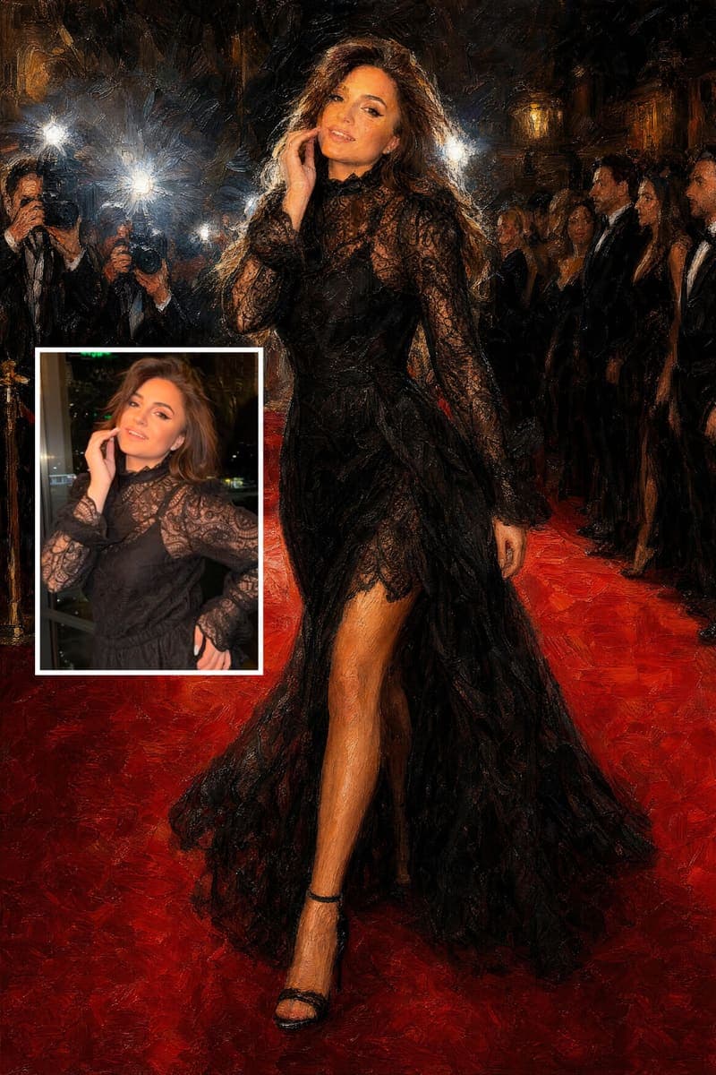 Before and after: a real customer's photo next to their Red Carpet portrait