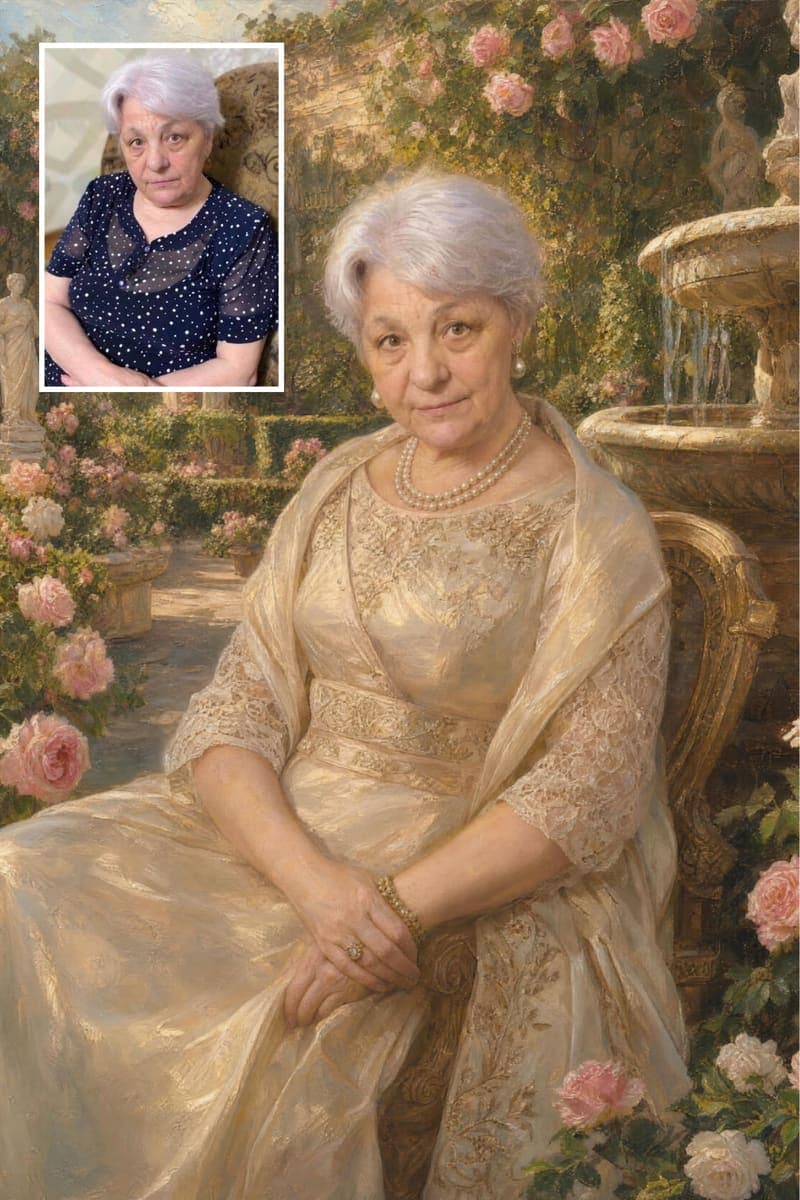 Before and after: a real customer's photo next to their Fountain Garden portrait