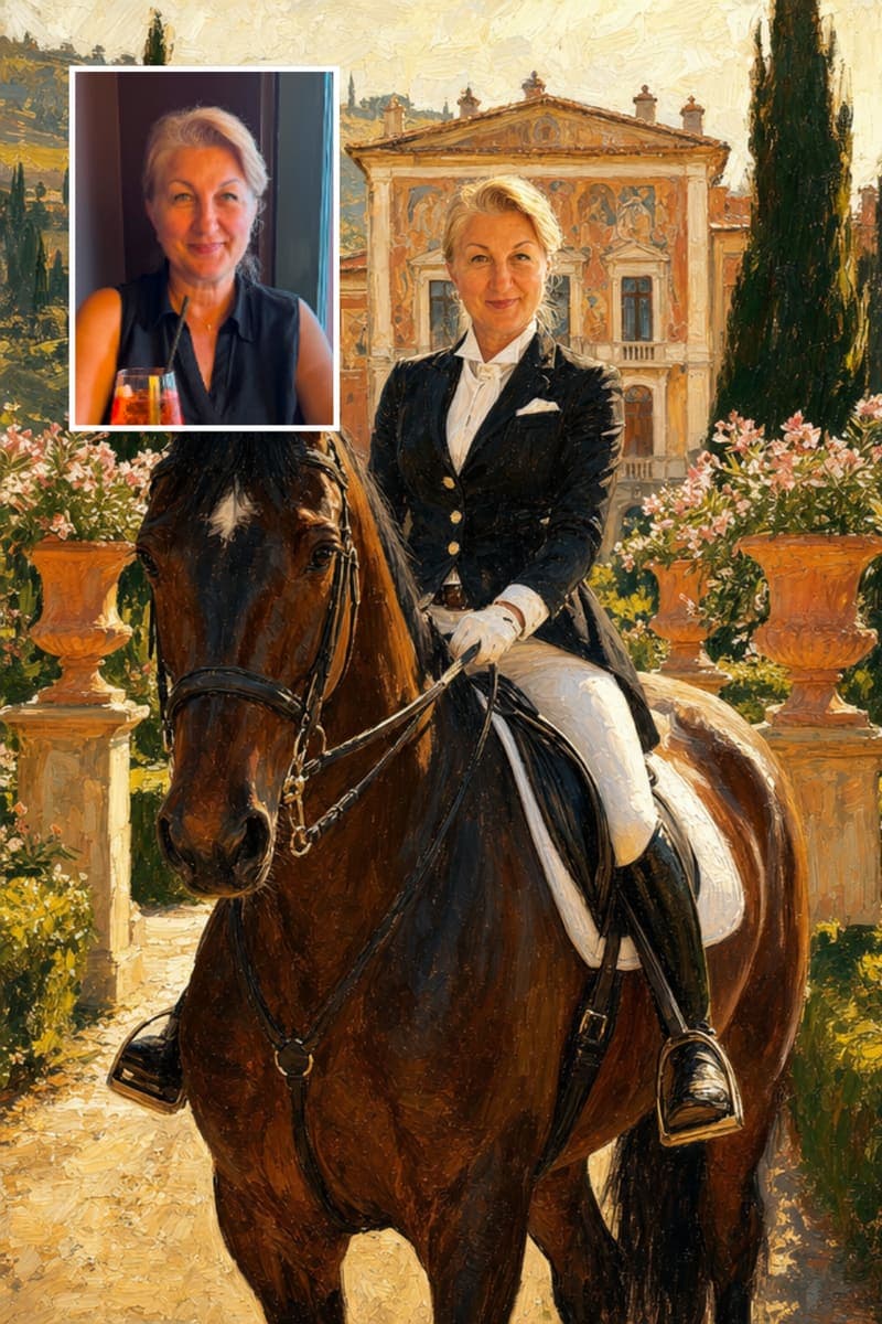 Before and after: a real customer's photo next to their Italian Villa Equestrian portrait