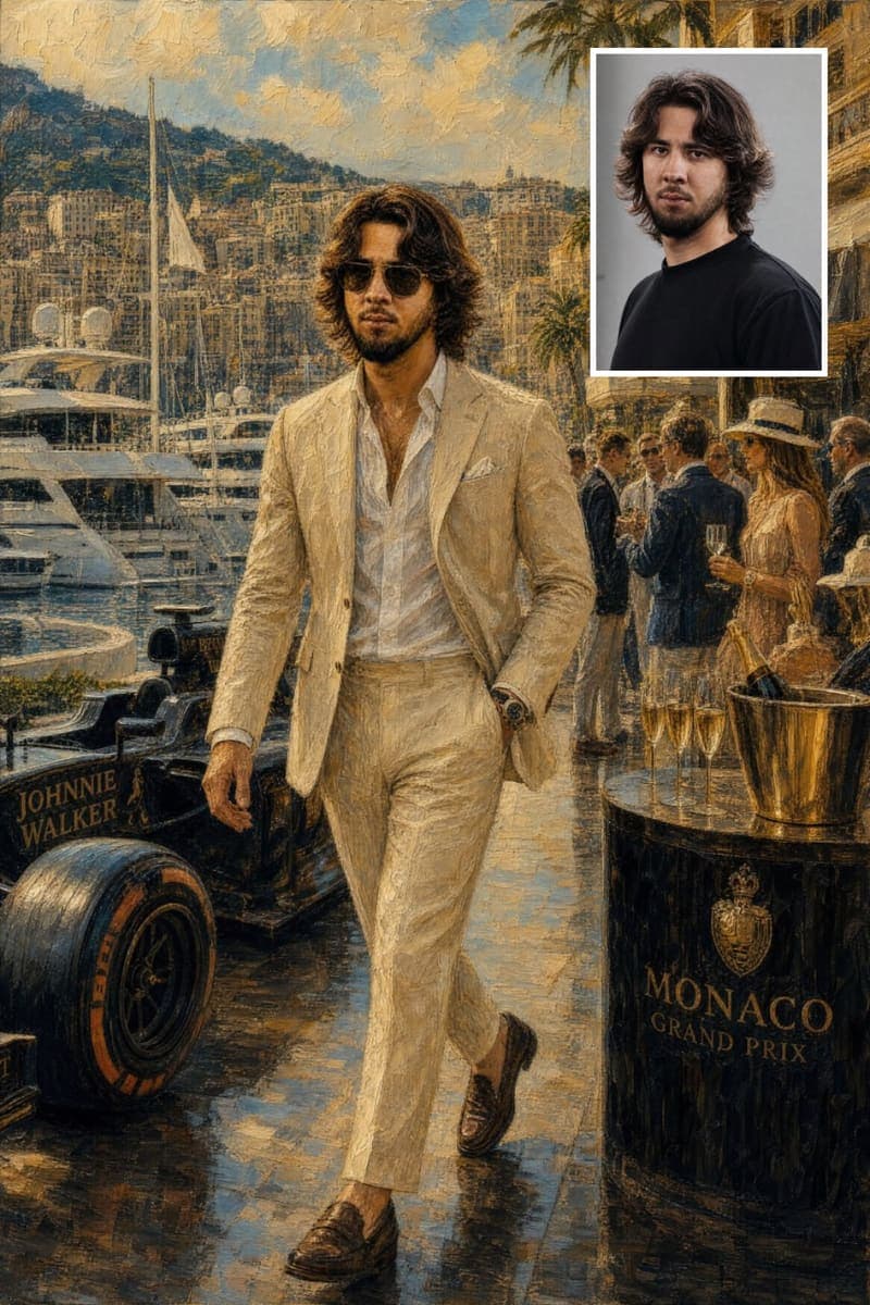 Before and after: a real customer's photo next to their Monaco Grand Prix portrait