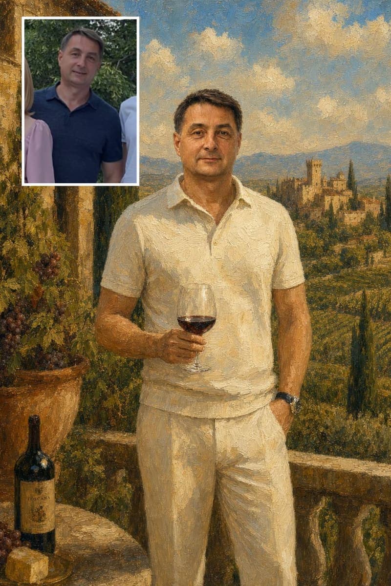 Before and after: a real customer's photo next to their Tuscan Vineyard portrait